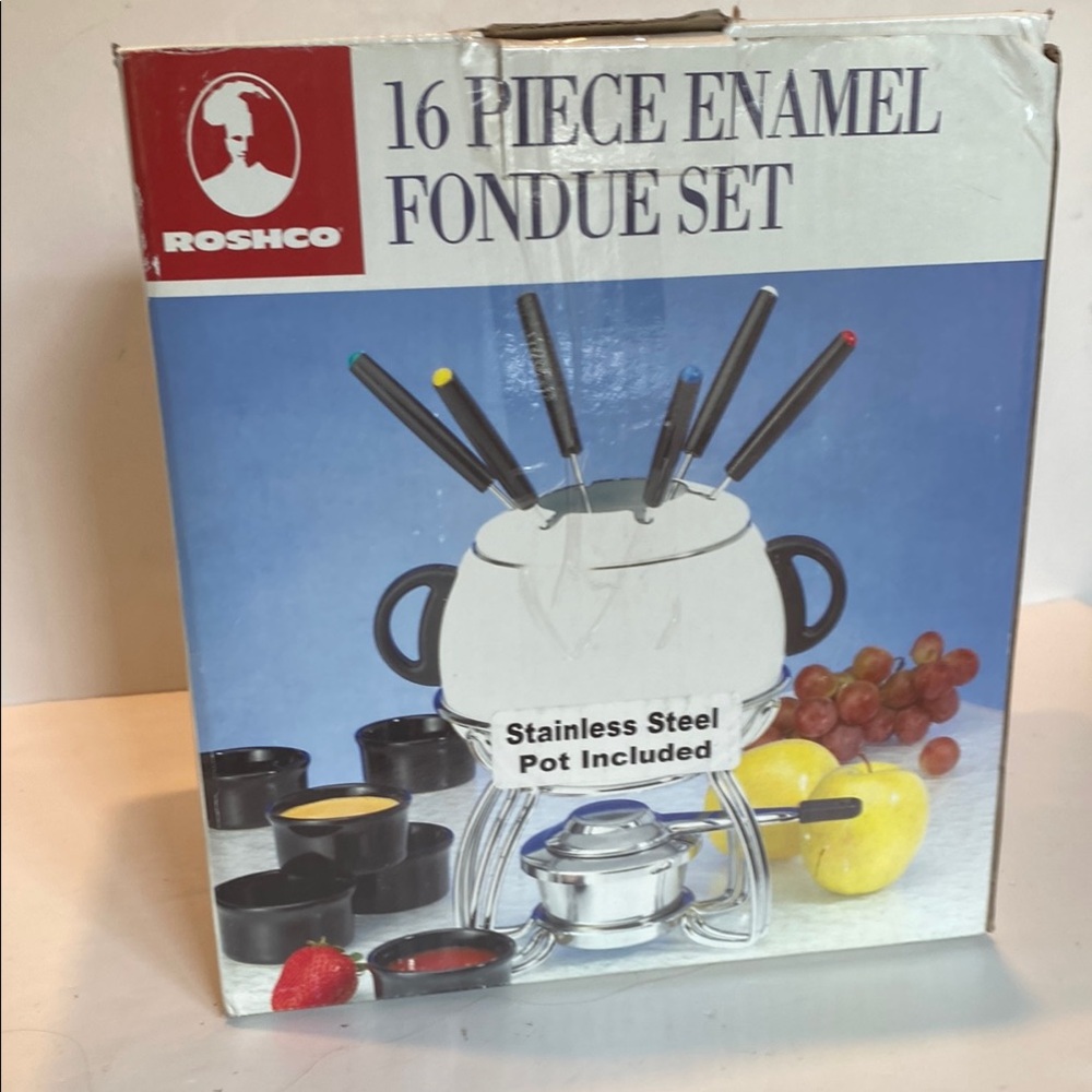 NWT & Vintage Roshco 16 pc. Enamel Fondue Set